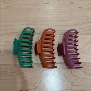 Set of Three Hair Claw Clips in Green, Orange, and Purple